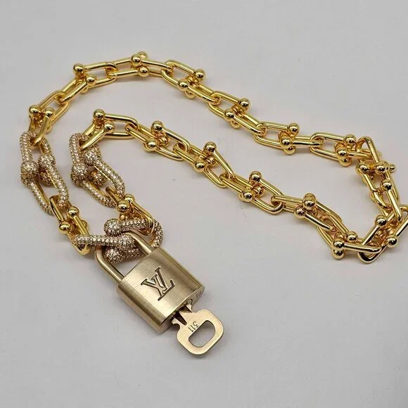 Auth Louis Vuitton Lock & Key w/Unbranded 925 Pure Silver Gold Plated Necklace